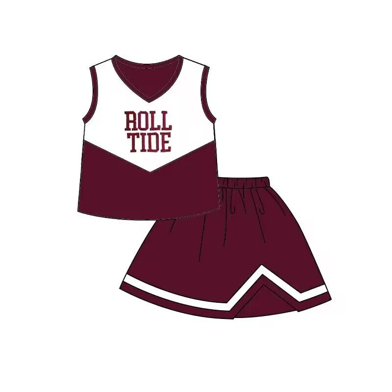 Custom moq 3 eta 6-8weeks Maroon Letter Pattern V-Neck Sleeveless Top - Cheerleading A-Line Skirt Set