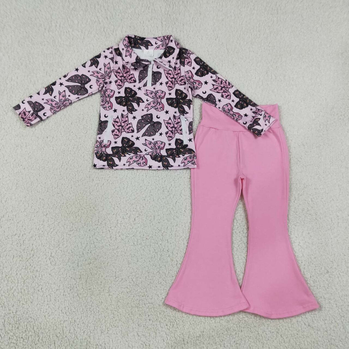 NEW RTS NO MOQ milk silk GLP3507 Baby Girls Bats Bows Zip Pockets Pullovers Flare Pant Halloween Set