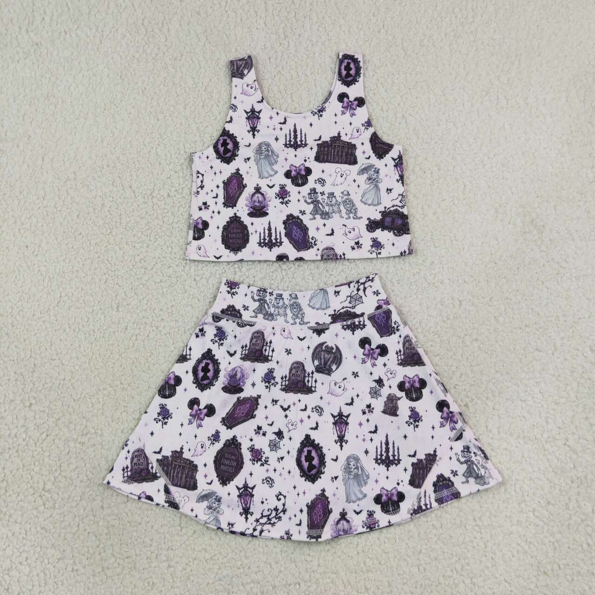 NEW RTS NO MOQ yoga fabric GSD4289 Yoga Cute Clothes Baby Girls Purple Halloween Sleeveless Vest Short Skirt Yoga Active Outfit