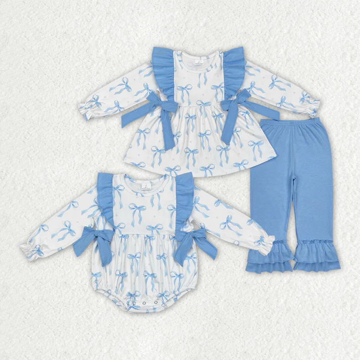 RTS NO MOQ Baby Girls Blue bow long-sleeved trousers suit & romper