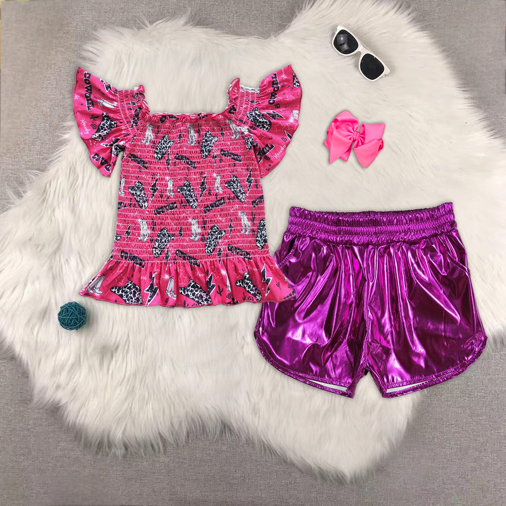 RTS NO MOQ ETA 5/7days Arrived GT0181+SS0412 Rose red COWGRL one-shoulder top Shiny leather dark purple shorts sets
