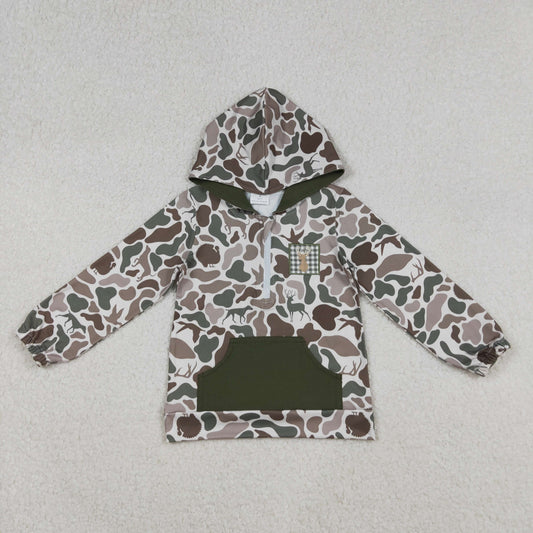 RTS NO MOQ（In Stock) BT1304 Embroidered elk camouflage green pocket zippered hooded long-sleeved top
