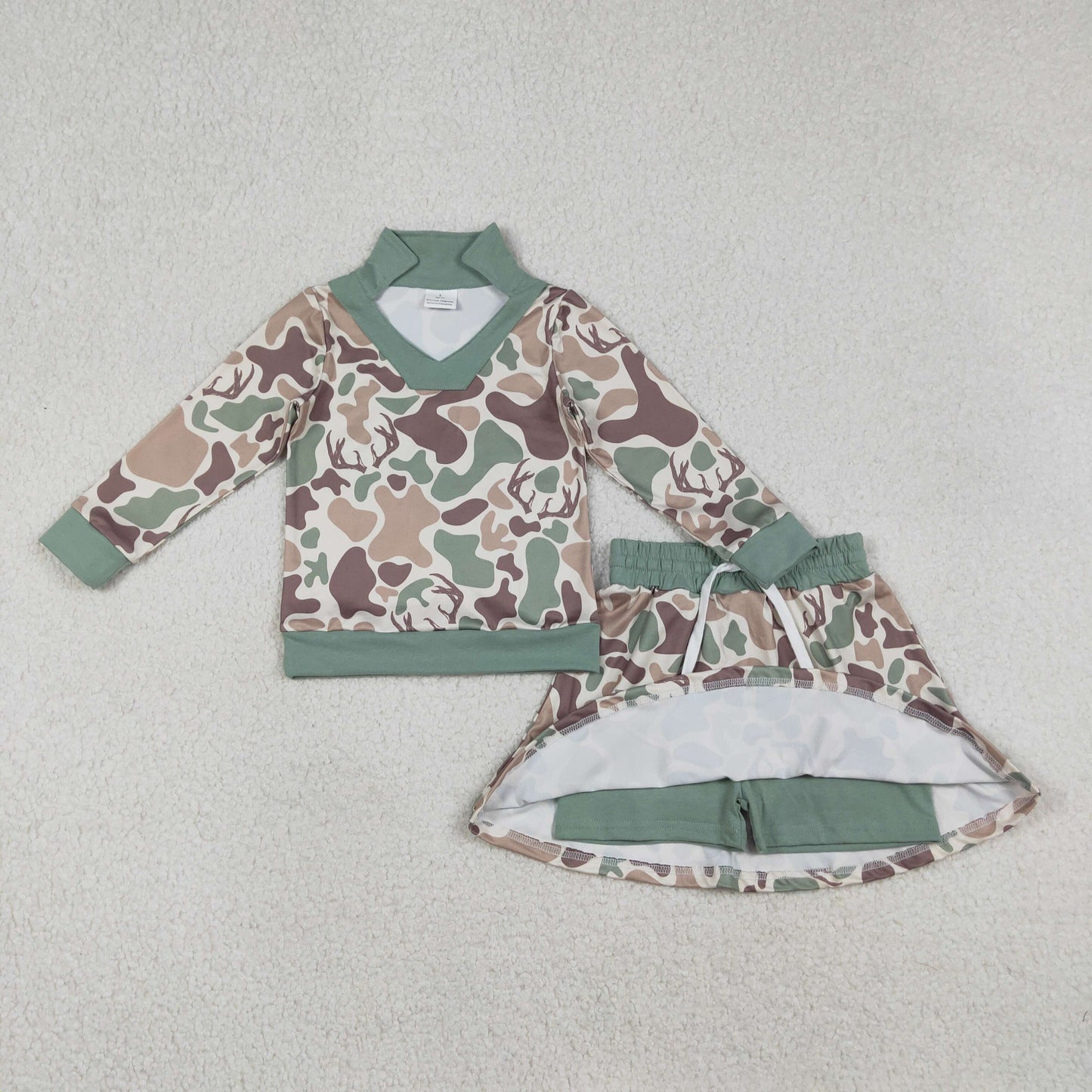RTS NO MOQ（In Stock) Antler Camouflage Beige Long-Sleeve Skirt Set