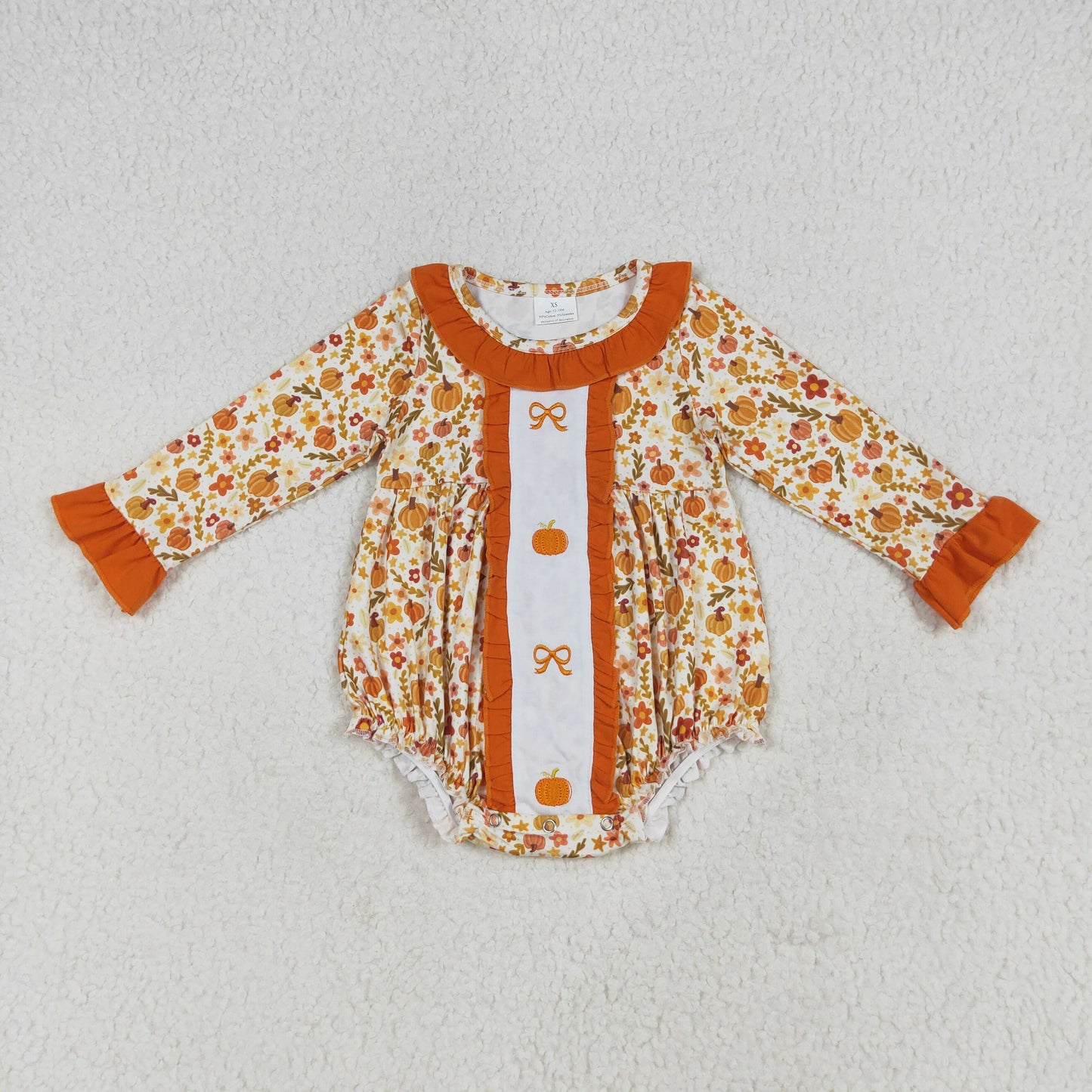 RTS NO MOQ LR2228 Embroidered bow pumpkin flower leaf orange lace long sleeve jumpsuit