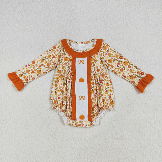 RTS NO MOQ LR2228 Embroidered bow pumpkin flower leaf orange lace long sleeve jumpsuit