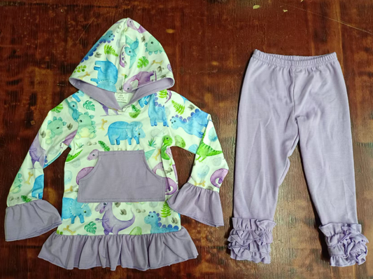 Custom moq 3 eta 6-7weeks Herbivorous Dinosaur Pattern Yellow Green Long Sleeve Hoodie & Haze Purple Pants Set