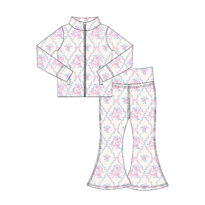 Custom MOQ 5  summer teams baby girl clothes Long-sleeved and long-pants floral yoga fabric suit
