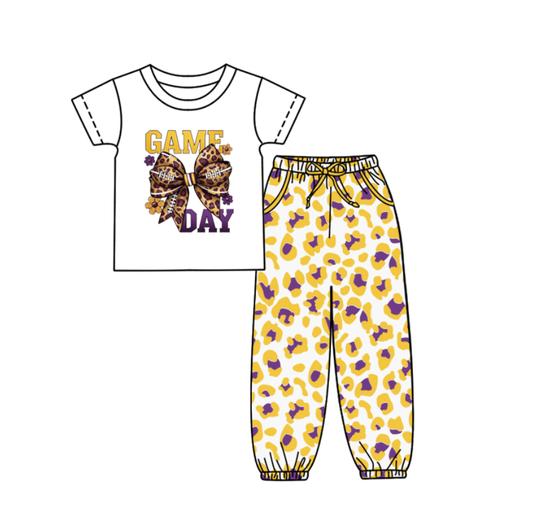 Custom summer teams baby boy clothes team GAME DAY bow yellow camouflage short sleeve pants sets-25.9.5