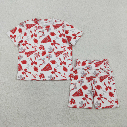 RTS NO MOQ（In Stock) GSSO2727 Football-themed Grey and Red Bow Pattern Flared Short-Sleeve and Shorts Set