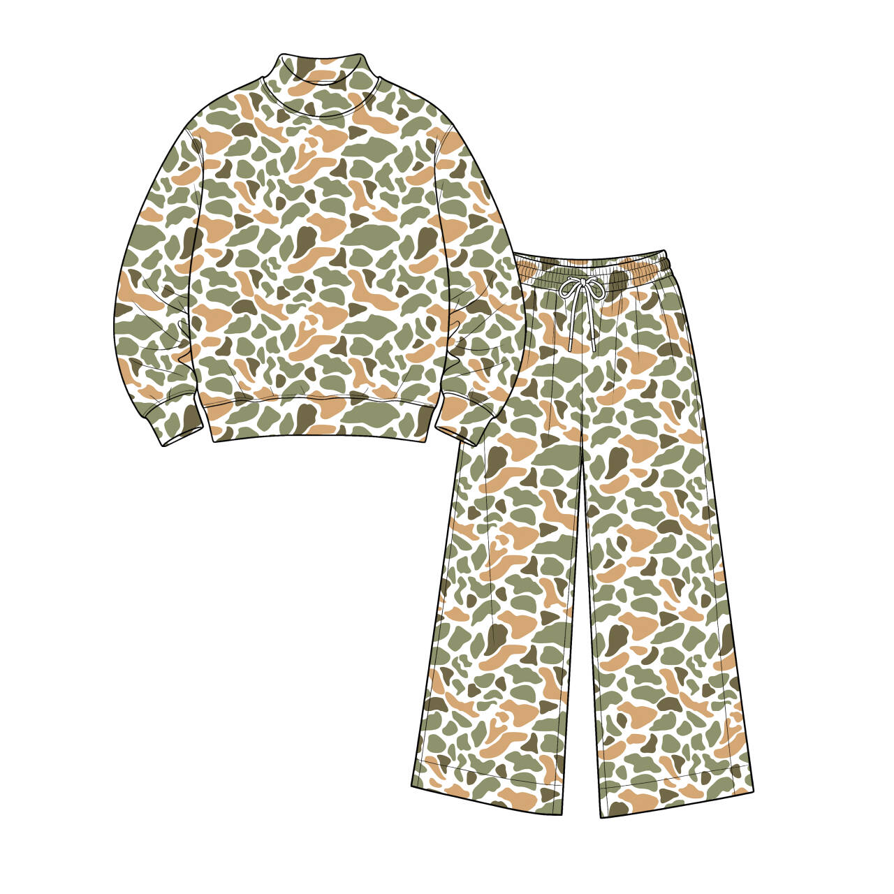 pre order no moq TESC0102 High Neck Baby Kids Camo Print  Long Sleeve Top Pant Casual Clothes Set