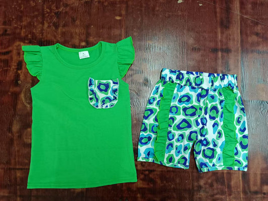 Custom moq 3 eta 6-7weeks baby girls clothes leopard green flying sleeve shorts sets