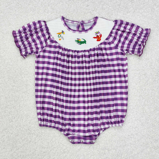 RTS NO MOQ ETA 5/7days arrived SR2060 Embroidered carnival bird crocodile lobster purple plaid short-sleeved jumpsuit