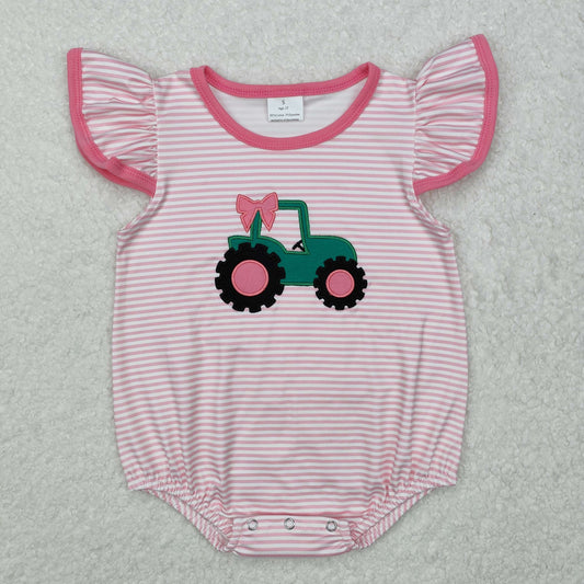 RTS NO MOQ ETA 5/7days arrived SR2432 Embroidered farm tractor pink striped vest jumpsuit