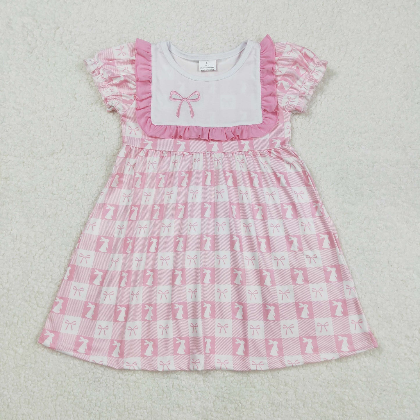 RTS NO MOQ ETA 5/7days Arrived GSD1578 Embroidered Easter bunny bow pattern plaid pink short-sleeved dress