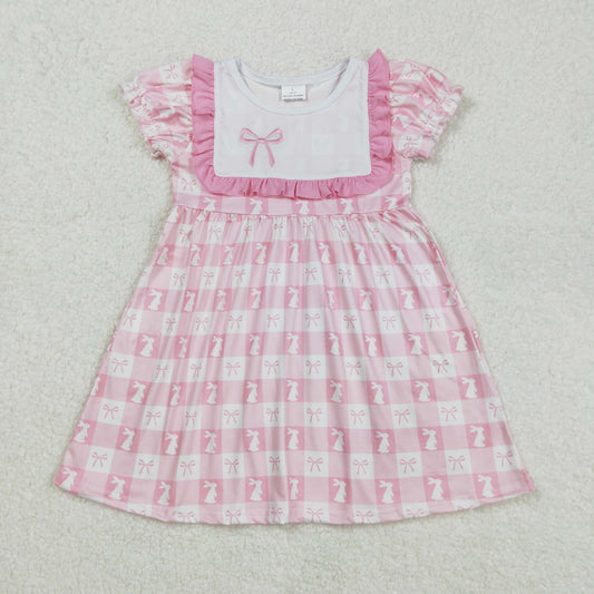 RTS NO MOQ ETA 5/7days Arrived GSD1578 Embroidered Easter bunny bow pattern plaid pink short-sleeved dress