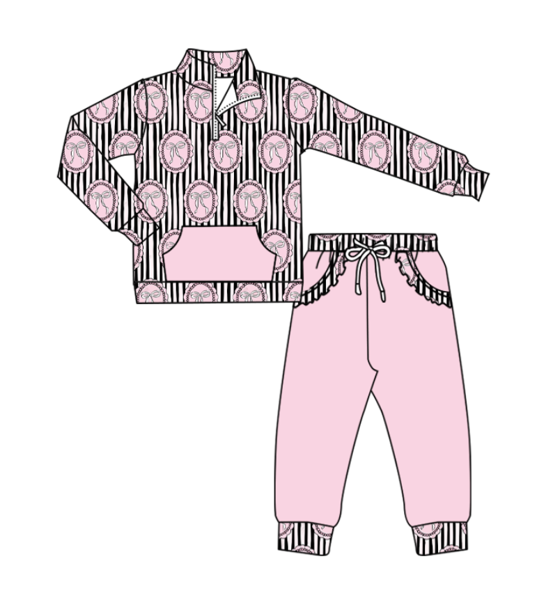 Custom moq 5 mix size milk silk baby girl clothes bow long sleeve pants sets and shorts