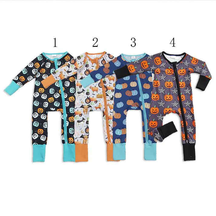 RTS NO MOQ Sibling Baby boy clothes Halloween pumpkin long Sleeve Romper Mixed Sizes