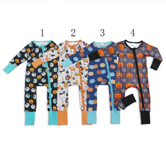 RTS NO MOQ Sibling Baby boy clothes Halloween pumpkin long Sleeve Romper Mixed Sizes