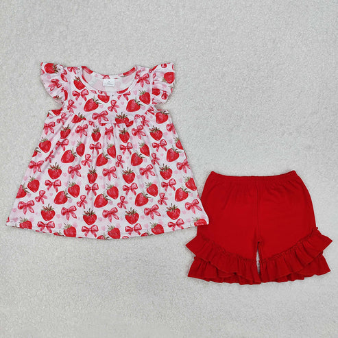 RTS NO MOQ Girls clothes bow strawberry red short sleeve Clothes Sets dress