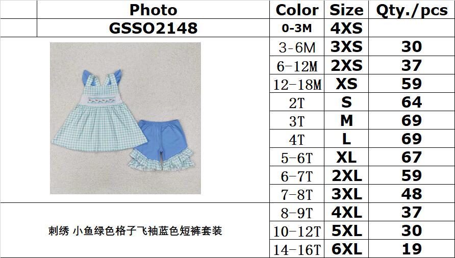 RTS NO MOQ ETA 5/7days Arrived GSSO2148 Embroidered Fish Green Plaid Flying Sleeve Blue Shorts Set