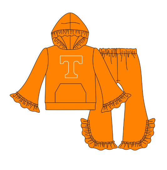 Custom moq 5 mix size baby girl clothes orange lace hooded long-sleeved and trouser pants
