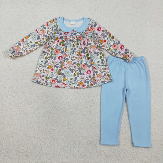 RTS NO MOQ（In Stock) GLP3168 Blue Floral Print Long-Sleeved Pants Set with Peter Pan Collar