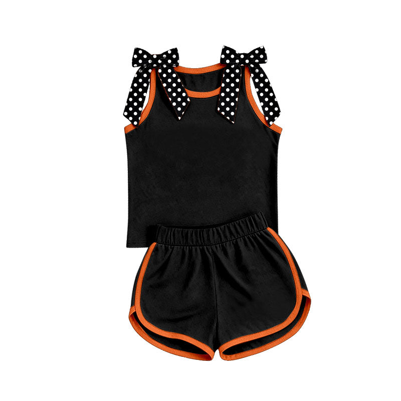 custom moq 5 mix size Baby Girls Polka Dots Bow Sleeveless Black Top Shorts Summer Solid Color Set