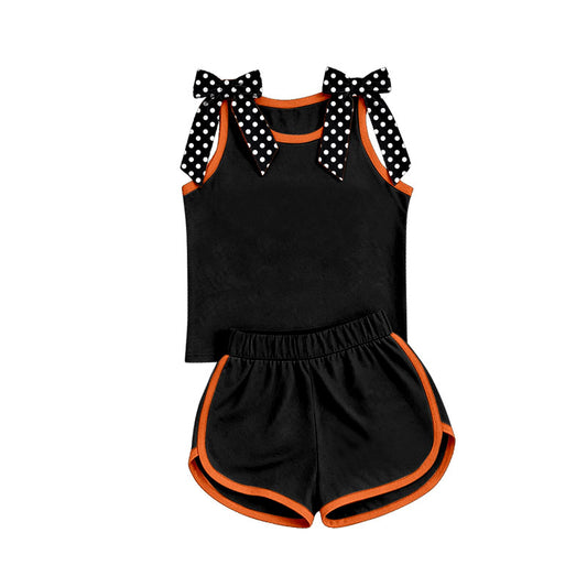 custom moq 5 mix size Baby Girls Polka Dots Bow Sleeveless Black Top Shorts Summer Solid Color Set