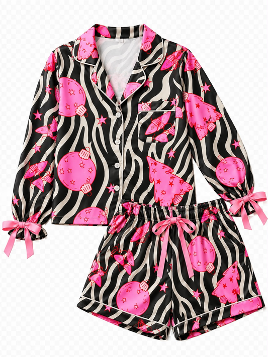 custom moq 5 mix size KHRN0102 Adult To Match Kids Pink Christmas Tree Ornament Zebra Stripe Print Button Down Long Sleeve Bow Cuff Top And Shorts Pajama Set