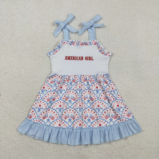 RTS NO MOQ（In Stock ) GSD3239 Embroidered American Girl Flag and Star Pattern Blue Sundress