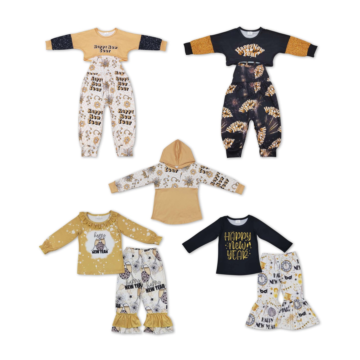 RTS NO MOQ Tan Happy New Year Overalls & Tops & Long Sleeves Set