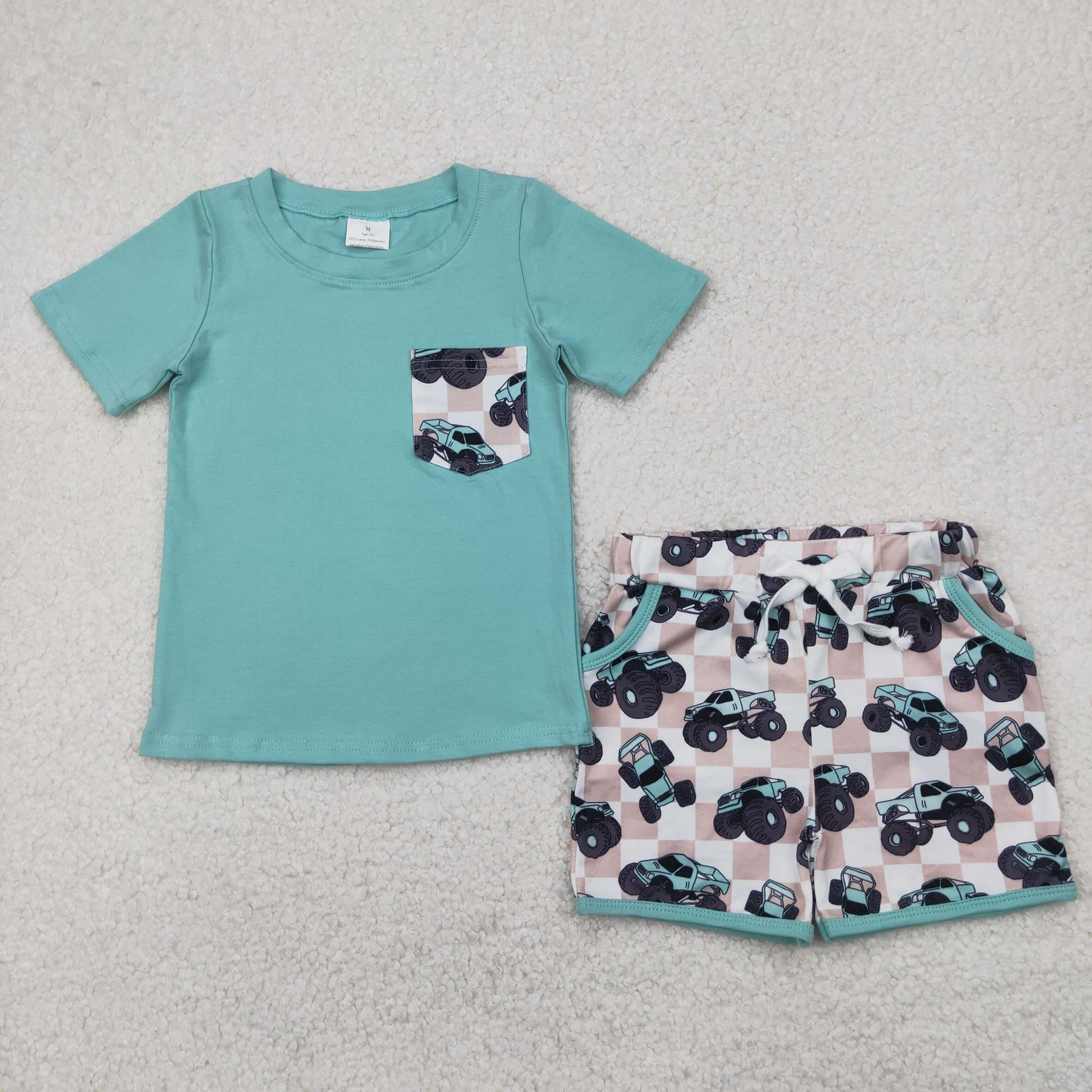 RTS NO MOQ BSSO1316 Jeep brown plaid pocket blue-green short-sleeved shorts set