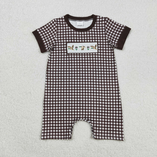 RTS NO MOQ（In Stock) SR3164 Embroidered Duck Brown Plaid Short-Sleeved Bodysuit