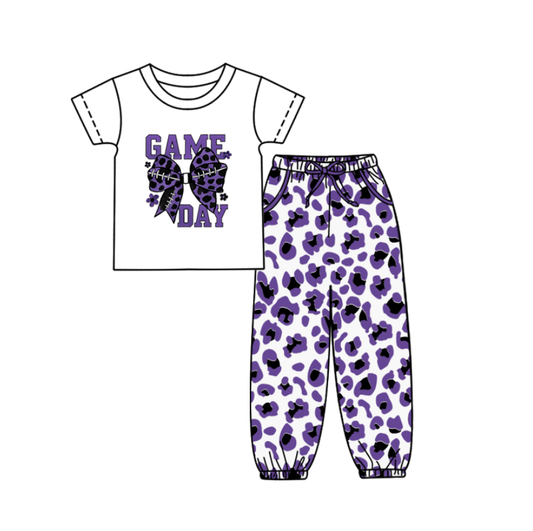 Custom summer teams baby boy clothes team GAME DAY bow purple camouflage short sleeve pants sets-25.9.5