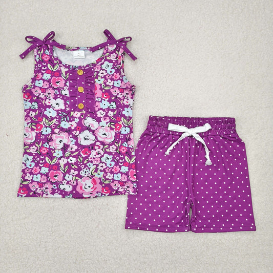 RTS NO MOQ GSSO2358 Flower purple sleeveless polka dot shorts set