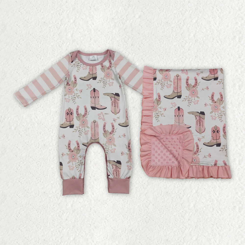 RTS NO MOQ sibling baby girl clothes boot long sleeve romper and blanket