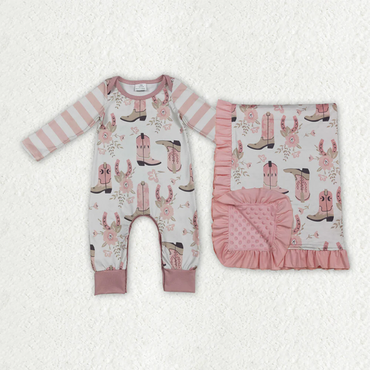 RTS NO MOQ sibling baby girl clothes boot long sleeve romper and blanket
