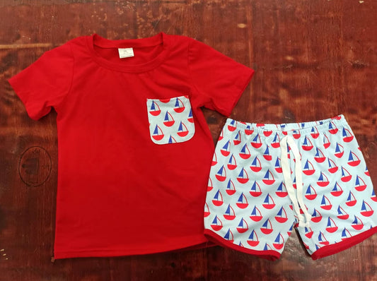 custom moq 5 eta 4-6weeks summer baby boys clothes boat red short sleeve shorts set