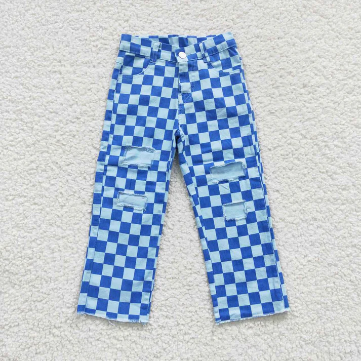 RTS NO MOQ Children's Plaid Ripped Jeans & Plaid Flared Pants