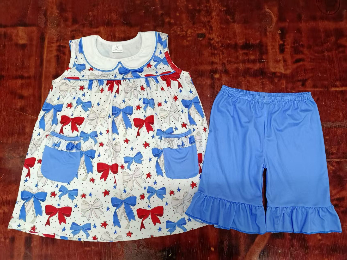 Custom moq 3 eta 6-7weeks baby girls clothes bow sleeveless shorts sets-25.5.12