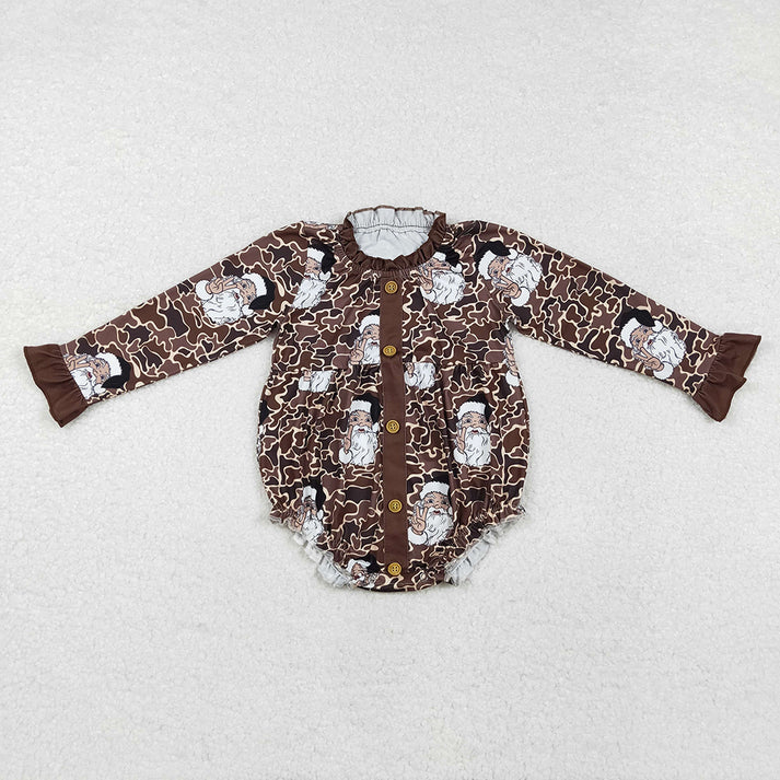 RTS NO MOQ Baby Girls Dark Brown Leopard Santa Button Long Sleeve Dress & Romper