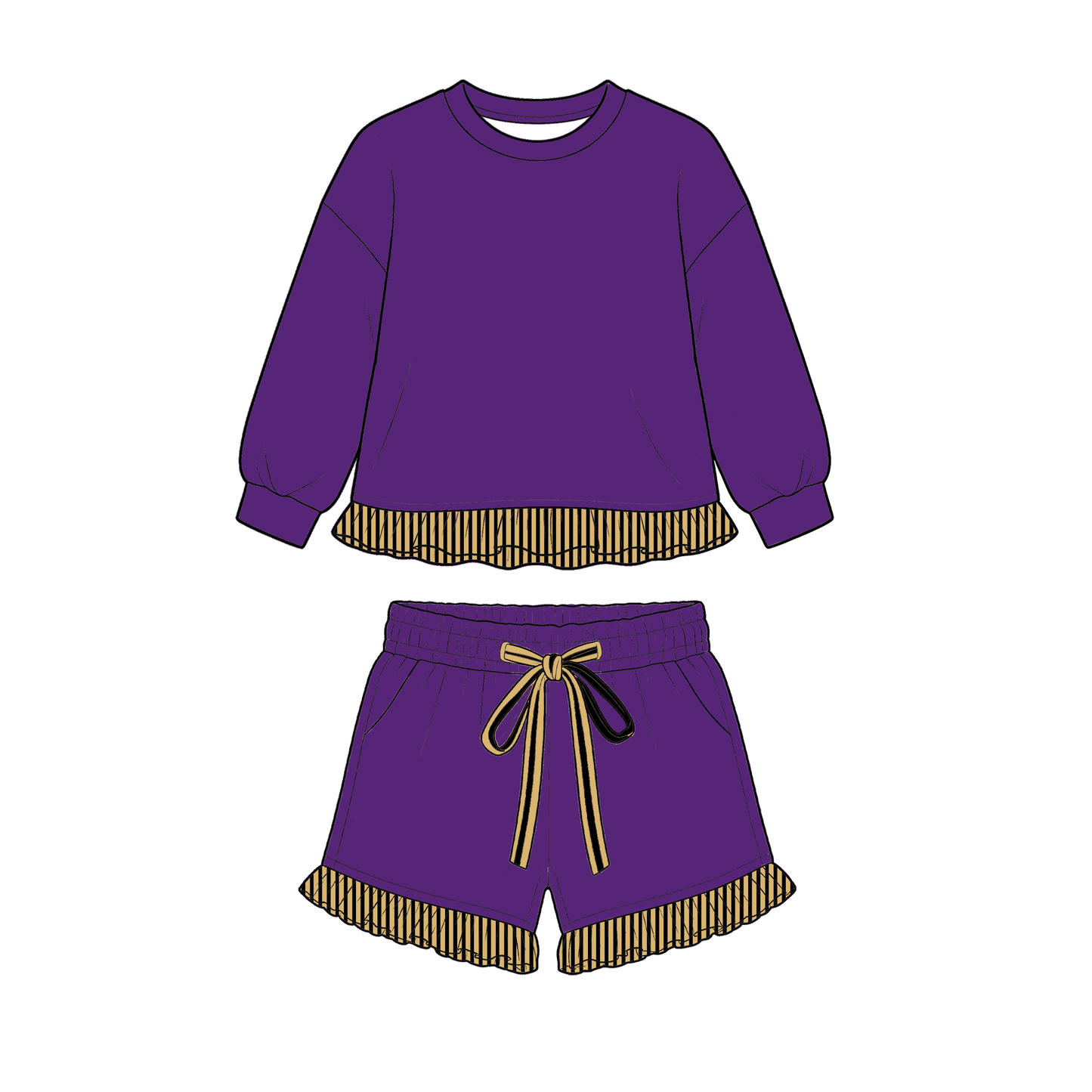 moq 3 GSLS01 Baby Girls Long Sleeve Crewneck Sweatshirt Stripe Ruffle Hem Matching Shorts With Drawstring Pockets Outfit Set