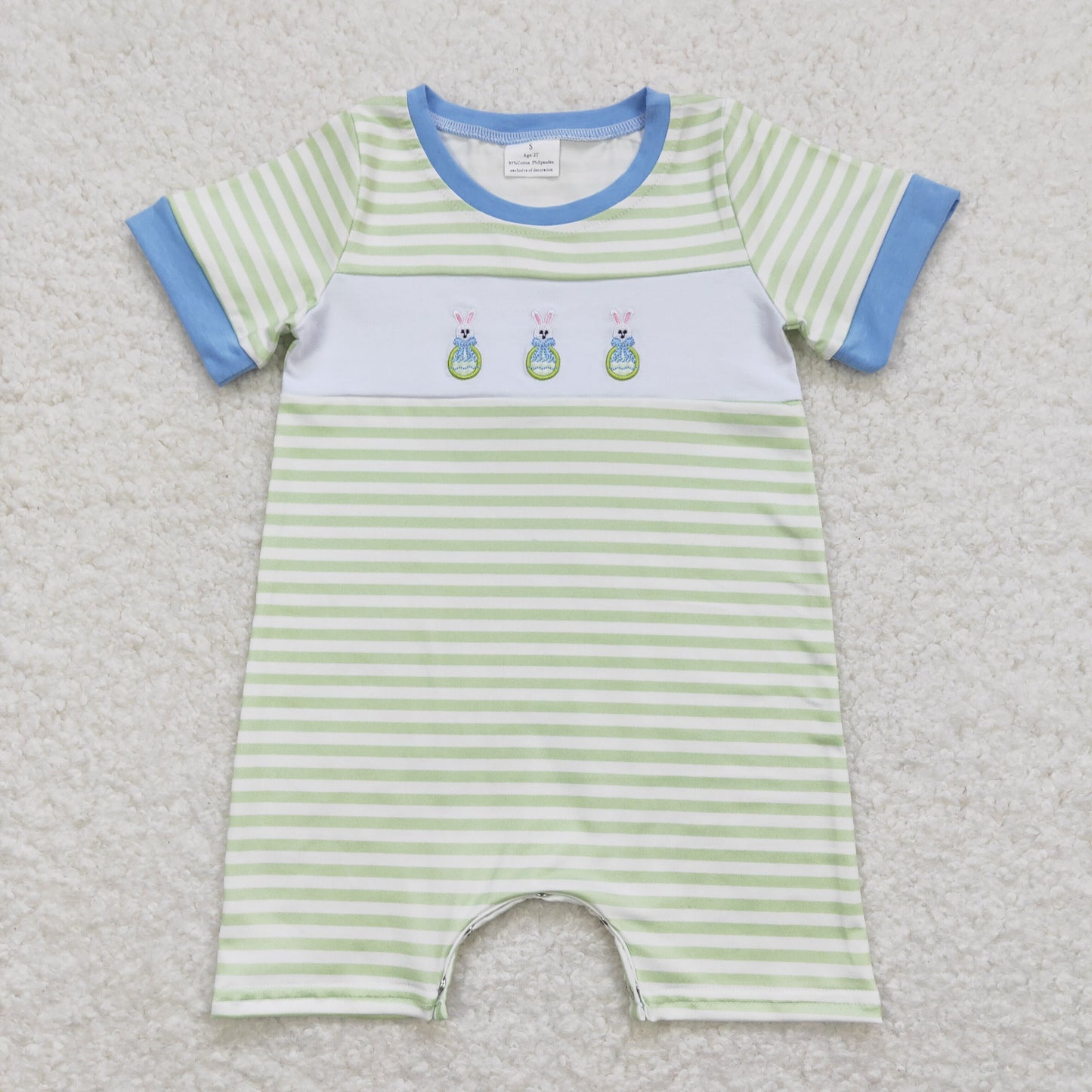 RTS NO MOQ（In Stock) Embroidered bow Easter egg rabbit green and white striped blue edge short-sleeved jumpsuit