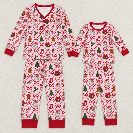 RTS NO MOQ milk silk Sibling Christmas Adult To Match Kids Red Cute Bow Santa Gift Check Long Sleeve Button Top Elastic Pants Christmas Pajama Set