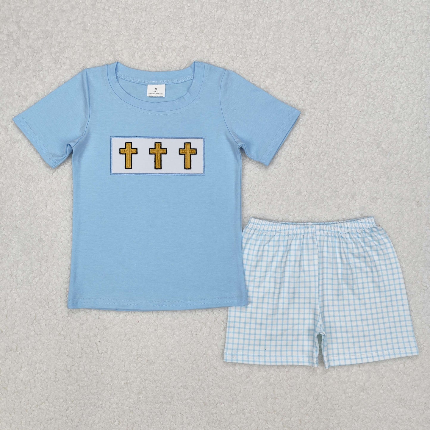 RTS NO MOQ ETA 5/7days Arrived BSSO1234 Embroidered Easter Cross Blue Short Sleeve Plaid Shorts Set