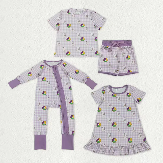RTS NO MOQ Sibling Baby girl clothes Mardi gras short-sleeved shorts suit & rompers and dress