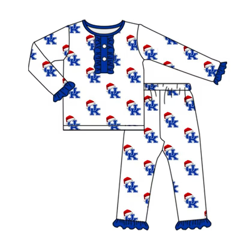 Custom moq 3 tat about 6-8 weeks  team baby girls clothes Christmas UK blue long sleeve and long pants suit