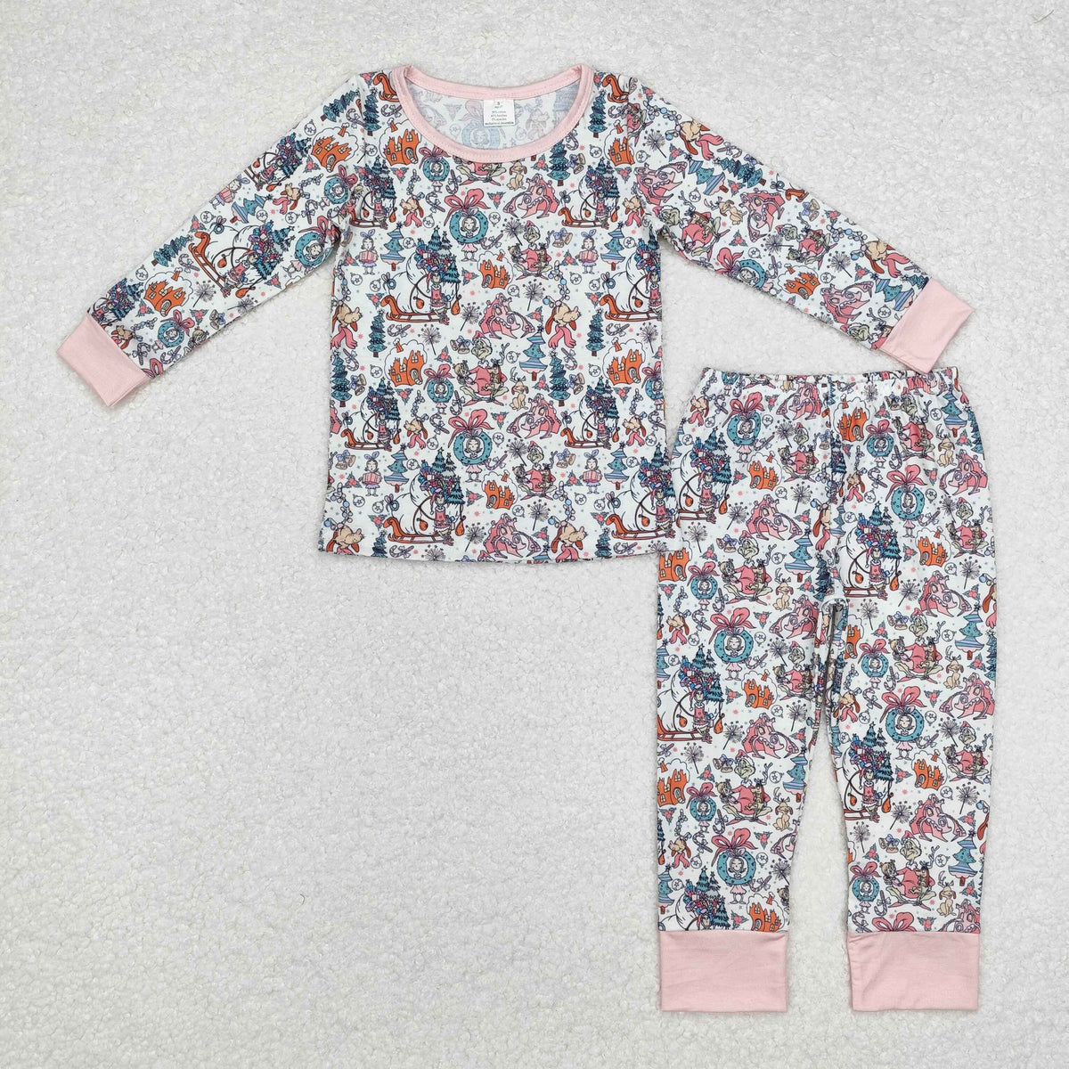 bamboo rts no moq GLP1576 Girls bow girl pink and white long sleeve trousers pajamas set