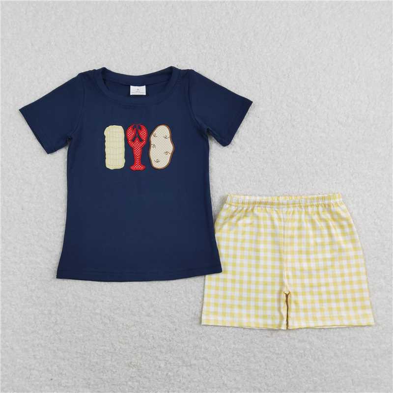 RTS NO MOQ Embroidery crayfish short-sleeved shorts suit & short-sleeved sets and romper