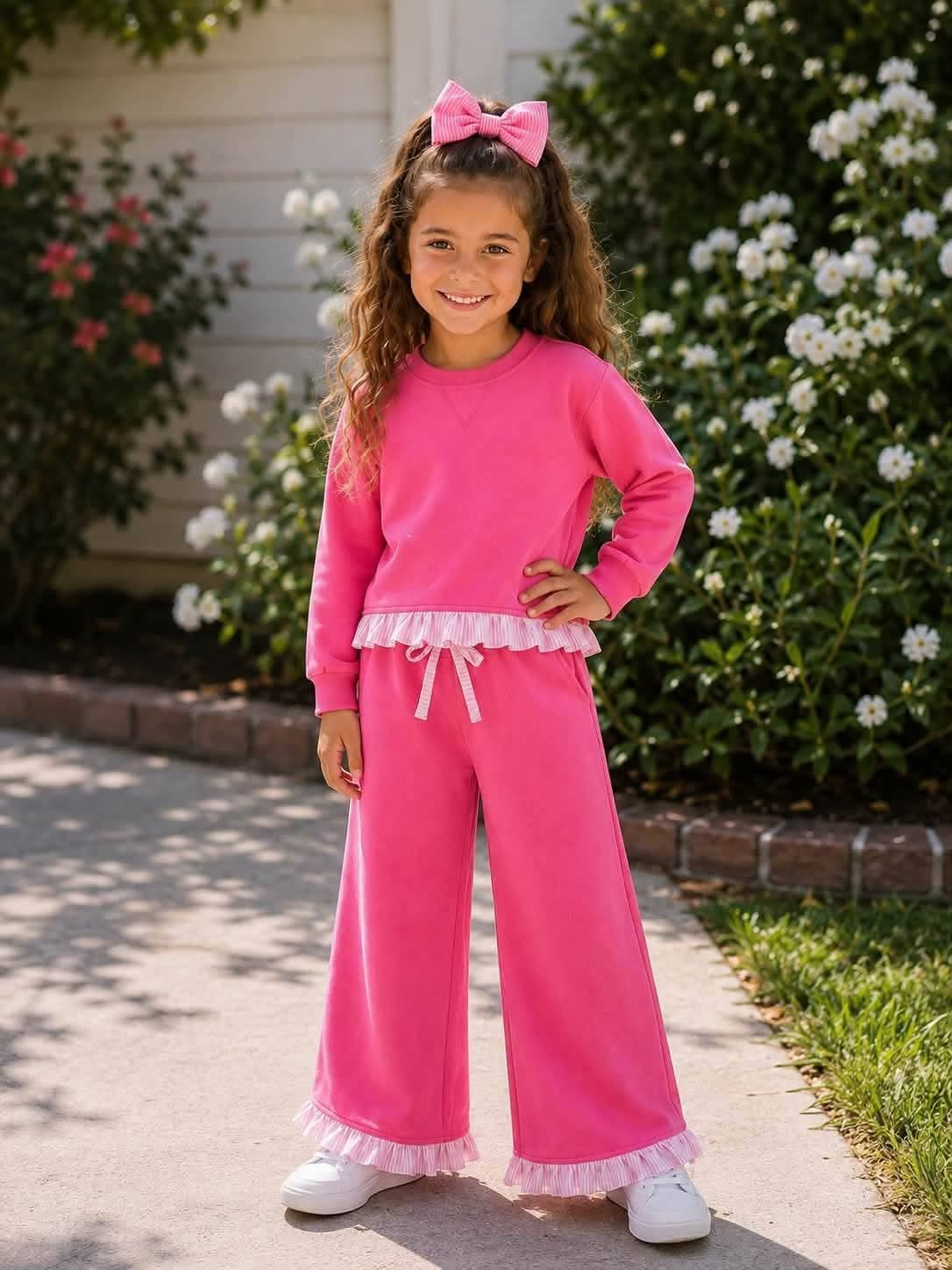 custom moq 5 mix size cotton fabric SETR0102 Toddler Girls Bright Pink Ruffle Trim Top And Wide Leg Pants Set
